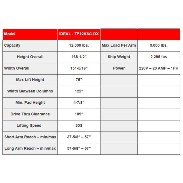 Ideal TP12KSC-DX 12,000 lb 2 Post Lift - Direct Drive ALI Certified W/PU - Image 2
