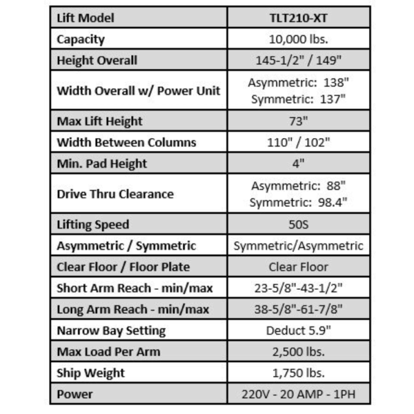 Launch Tech USA - TLT210-XT 10,000 lb 2 Post Clear Floor - Image 12