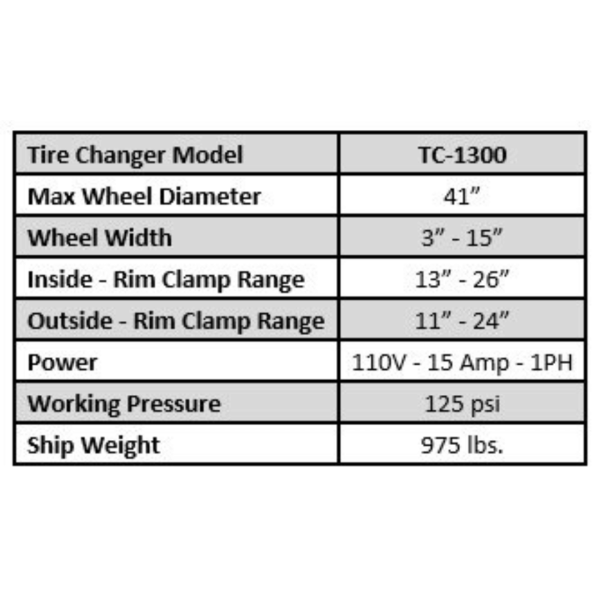 Tuxedo TC-1300 Tire Changer - Tilt-Back Press Arm - Leverless Demount Tool - Image 14