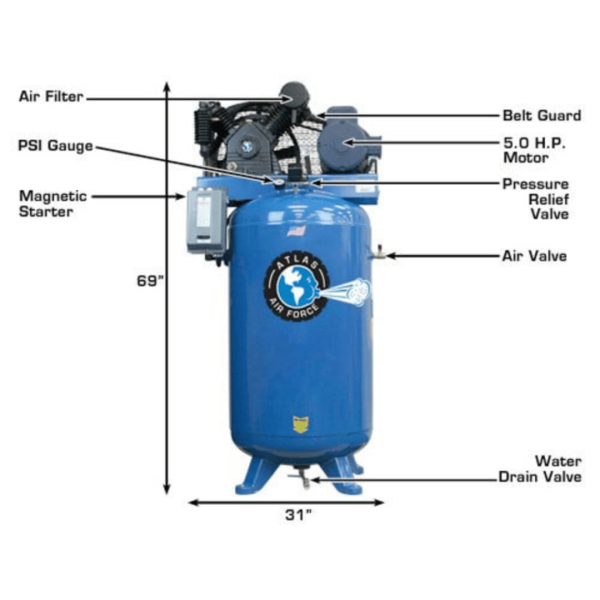 Atlas Air Force AF8 5HP 80 Gallon Two Stage 5HP Commercial Grade Air Compressor - Image 2