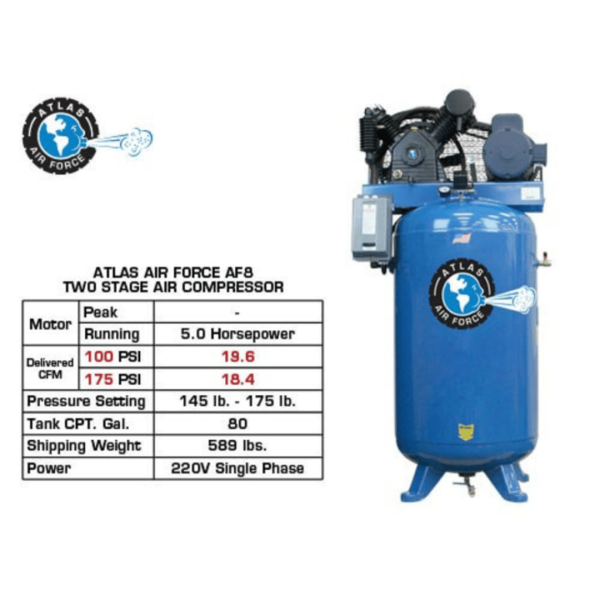 Atlas Air Force AF8 5HP 80 Gallon Two Stage 5HP Commercial Grade Air Compressor - Image 5
