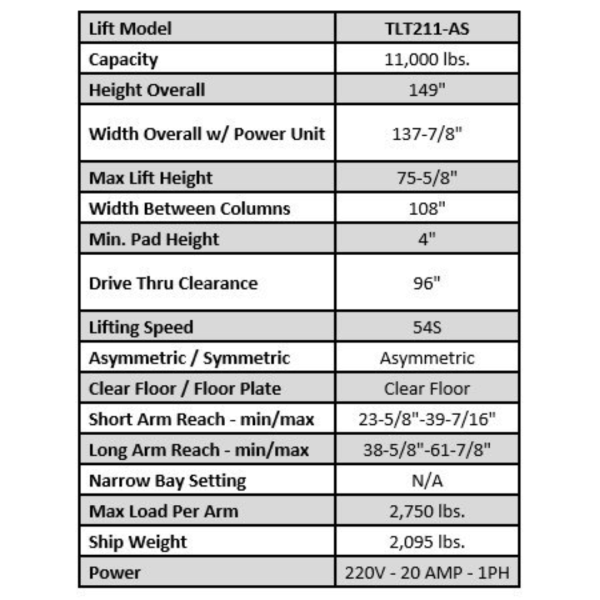 Launch Tech USA – TLT211-AS 11,000 lb 2 Post Clear Floor - Image 5