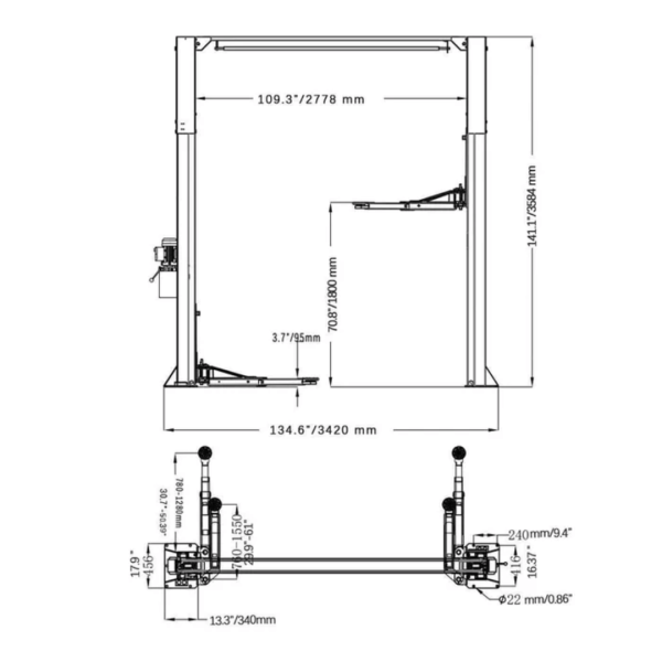 Katool KT-AS110D 11,000 lbs Asymmetrical 2 Post Lift - Image 6