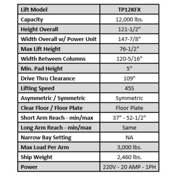 Tuxedo TP12KFX 12,000 lb 2 Post Floor Plate Lift - Image 7