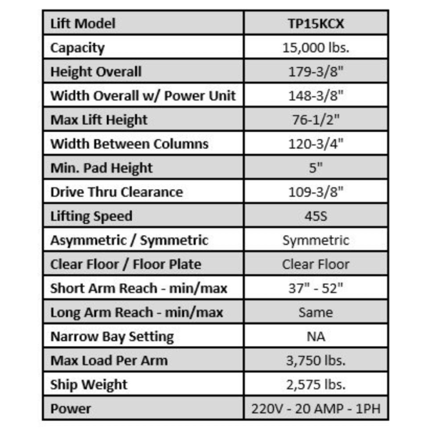 Tuxedo TP15KCX 15,000 lb Heavy Duty 2 Post Lift - Image 7