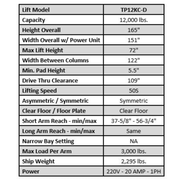 Tuxedo TP12KC-D 12,000 lb 2 Post Lift - Direct Drive - Image 9