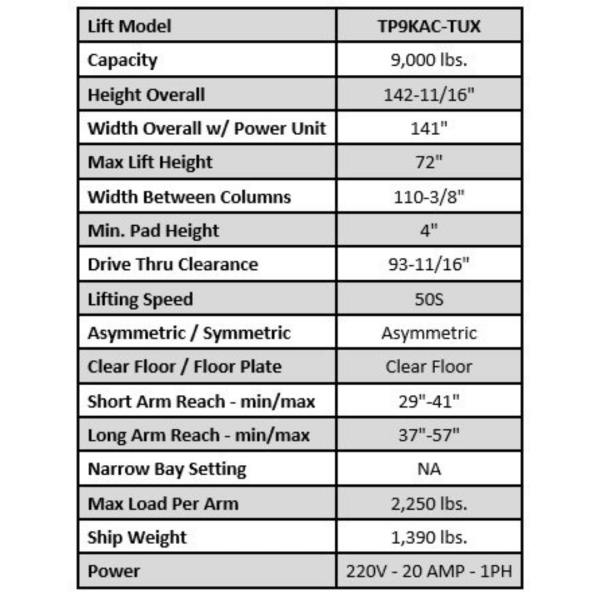 Valor - VP9KAC-TUX 9,000 lb 2 Post Clear Floor - Asymmetric - Image 9