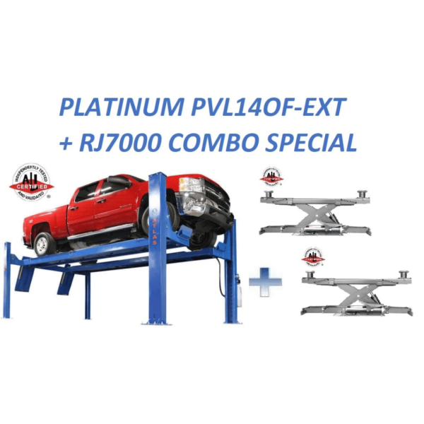 Atlas Platinum PVL14OF-EXT Open Front Alignment Lift + RJ7000 ALI Certified Rolling Jack Combo