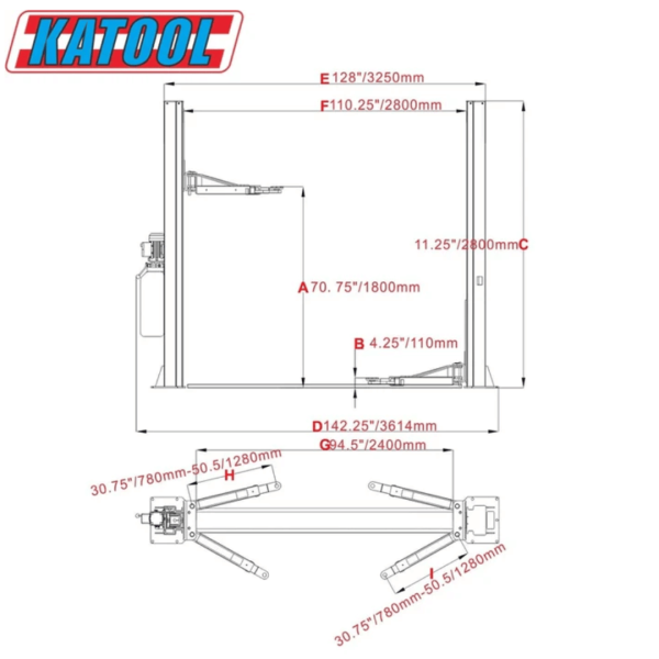 Katool KT-H100 10,000 lbs 2 Post Vehicle Lift - Image 2